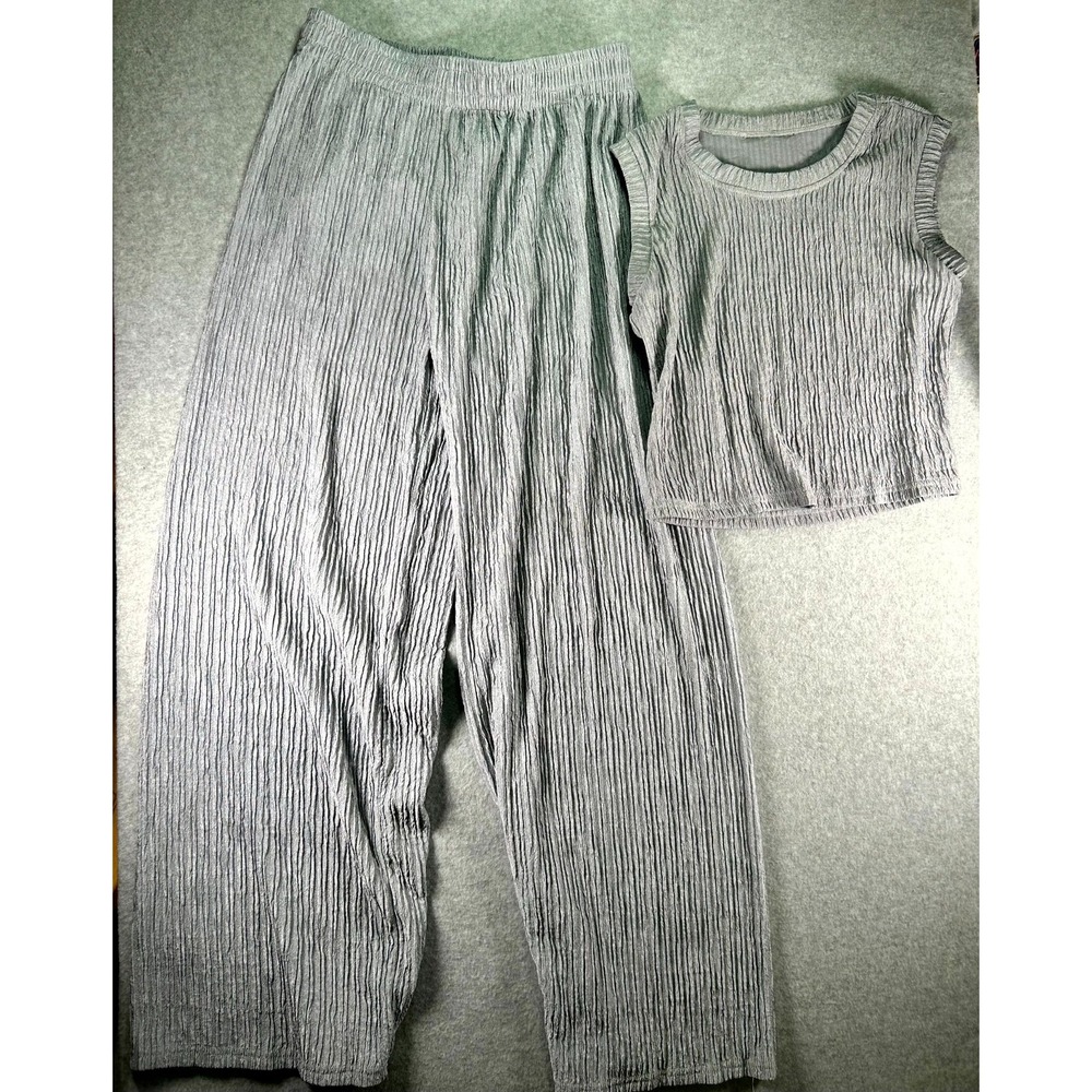 New Mix 2 Piece Outfit Set Womens Large Gray Crinkled Crop Tank Wide Leg Pants